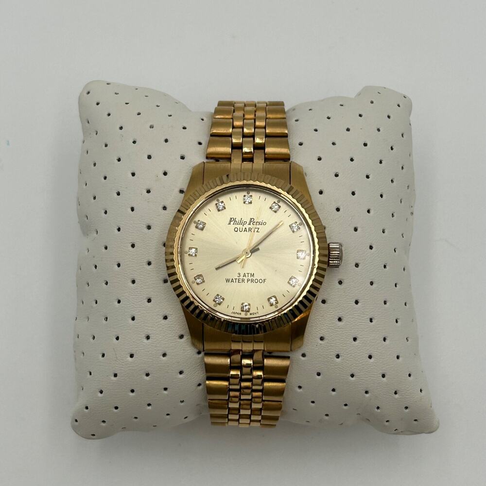 MEN'S GOLD FINISH FASHION PHILIP PERSIO DRESSY CASUAL WATCH NEW BATTERY